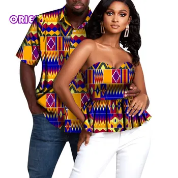 2 предмета, одежда для африканской пары, Топы, Мужская Рубашка с коротким рукавом, Женская блузка с открытыми плечами, Модная хлопковая одежда с африканским принтом WYQ728
