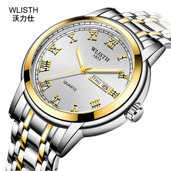 2020 Новые Деловые мужские часы Элитного бренда WLISTH, Золотые Часы с двойным Календарем, Водонепроницаемые Кварцевые часы, Наручные часы из люминесцентной стали