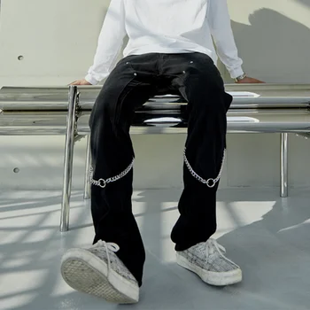 2021 Украшение Цепочкой, Черные Облегающие Мужские Джинсы в стиле хип-хоп, Брюки-карандаш, Однотонные Повседневные Джинсовые брюки в готическом стиле, Корейские Модные Панталоны Uomo