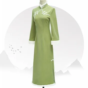 2022 Зимний Зеленый Чонсам для молодых Девушек в Ретро-стиле с Длинными рукавами, Утолщенное Современное Китайское платье Ципао в Китайском Стиле, Вечернее Свадебное Платье для Женщин