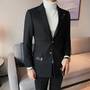 2023 Высококачественный новый мужской блейзер в корейском стиле, приталенный модный красивый британский стиль, однотонный костюм на диагональной молнии, бархатный блейзер, пальто