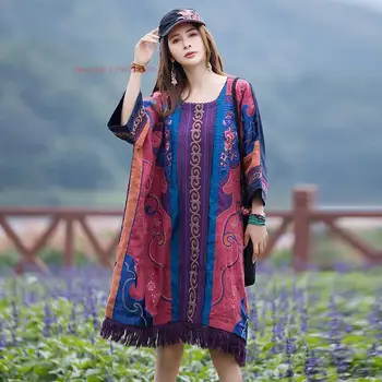 2023 китайское платье ханфу, костюм для народных танцев, традиционное хлопковое льняное свободное платье с цветочной вышивкой, национальное этническое платье