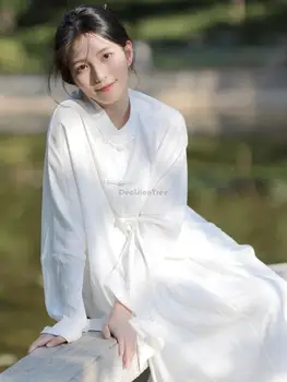 2023 новый китайский чай дзен улучшенный комплект hanfu свободная длинная белая блузка в китайском стиле костюм тан женский повседневный ретро китайский комплект 393