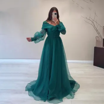 2023 Торжественное платье для выпускного вечера с пышными рукавами и открытыми плечами, вечернее платье в Дубае, Vestidos Трапециевидной формы, вечерние платья из арабского зеленого тюля