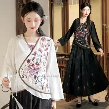 2023 традиционная китайская этническая блузка с национальной цветочной вышивкой, улучшенные топы hanfu, винтажный чайный сервиз hanfu, рубашка в стиле тан