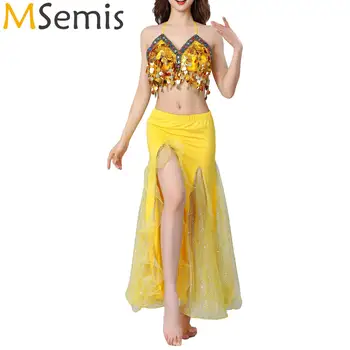 3 шт., Женское платье для индийского танца живота с блестками, Регулируемый Бюстгальтер, топ с поясом, цепочка и юбка с разрезом, костюм для выступлений