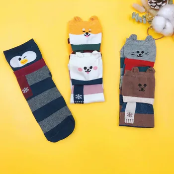 5 пар лот упак. женские носки осень-зима с милым рисунком из мультфильма, теплые хлопковые носки в корейском японском стиле, модные ins, забавный счастливый шарф, Каваи