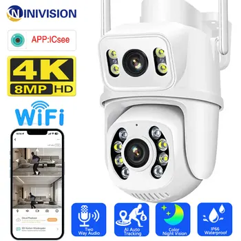 8MP 4k PTZ IP-камера с двумя Объективами AI Автоматическое Отслеживание CCTV Камера Безопасности Цветное Ночное Видение Наружные Wifi Камеры видеонаблюдения iCSee