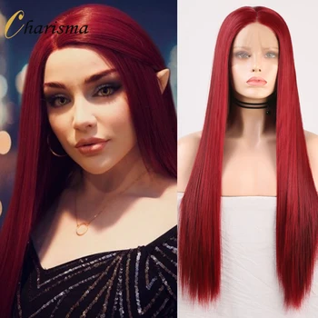 Charisma красный цвет синтетический парик на кружеве Длинные Шелковистые прямые волосы Косплей Парики Для чернокожих женщин парики на кружеве