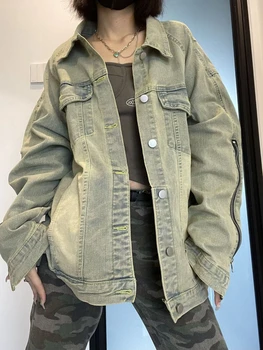 Deeptown Harajuku Винтажные джинсовые куртки Женские 90-х годов Ретро Негабаритные Джинсовые пальто с длинным рукавом High Street Kpop Свободная повседневная Верхняя одежда