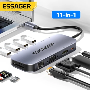 Essager 11 в 1 USB C КОНЦЕНТРАТОР 4K 30HZ Type C Док-станция Для Macbook Air Pro Адаптер-Разветвитель Для Ноутбуков, Совместимый с HDMI RJ45