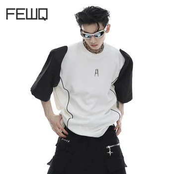 FEWQ, Нишевые Дизайнерские Мужские футболки в стиле пэчворк, Жидкая накладка на плечо, Футболка с коротким рукавом, Уличный контрастный Мужской Топ 9A8640