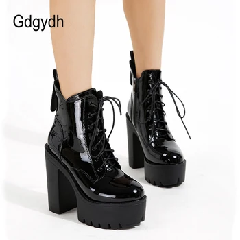 Gdgydh/ Черные Лакированные ботинки на платформе, Ботильоны на шнуровке с острым носком, на не Сужающемся Книзу Массивном каблуке, с боковой молнией, Обувь с круглым носком, Большие Размеры