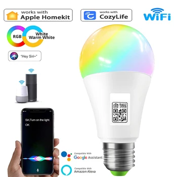 Homekit Умная Светодиодная Лампа E27 Wifi 15 Вт 110 В 220 В RGB Холодные + Теплые Белые Лампочки с Регулируемой Яркостью Приложение Голосовое Управление Apple Siri Alexa Google