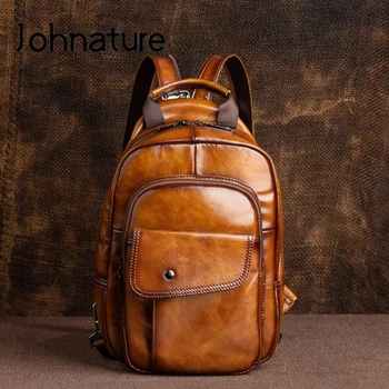 Johnature 2022, Новый Ретро Мужской мини-рюкзак, многофункциональная сумка из натуральной кожи, Первый слой, Мужские нагрудные сумки ручной работы из воловьей кожи