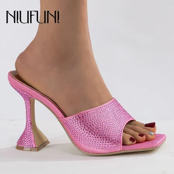 NIUFUNI/ Шелковые женские тапочки с квадратным носком и стразами; Шлепанцы на шпильке; Летние однотонные простые уличные туфли-лодочки без застежки;