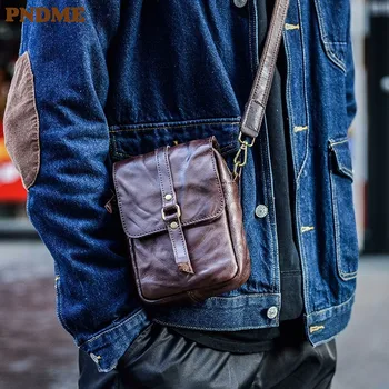 PNDME повседневная винтажная мужская маленькая сумка для телефона из высококачественной натуральной кожи, мини-сумка через плечо из натуральной кожи выходного дня