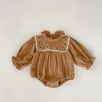 Realshe/ Осенний комбинезон для новорожденных, Хлопковые комбинезоны с длинными рукавами и цветочной вышивкой для девочек, одежда для малышей от 0 до 2 лет