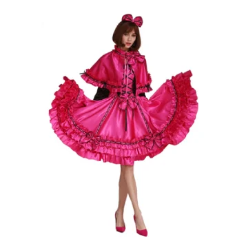 Sissy Винтажная Розово-красная Атласная форма для переодевания в костюм для вечеринки в стиле Кроссдресс, Три разных стиля костюмов