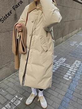 Sister Fara, Свободный утепленный пуховик с капюшоном, Женская зимняя куртка на белом утином пуху 90, Парка, Женский Длинный теплый пуховик, пальто