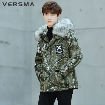 VERSMA Одежда в корейском стиле, мужские Камуфляжные молодежные зимние куртки с граффити, Теплый меховой воротник, зимняя куртка оверсайз, пальто, Парка Для мужчин