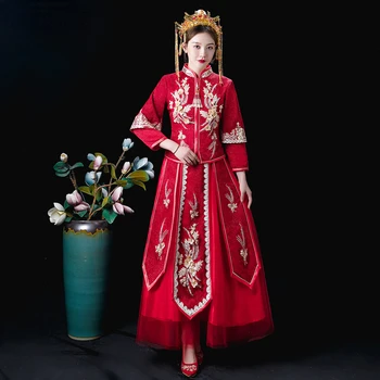 Xiuhe Ретро Китайское Свадебное платье с Вышивкой, традиционное Платье Ципао В Восточном Стиле, Женское Свадебное Платье Невесты, Праздничный Костюм