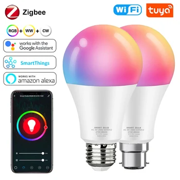 Zigbee Умная Светодиодная Лампа 18 Вт E27 B22 RGB + WW + CW Tuya WiFi Лампа С Регулируемой Яркостью, Голосовое Управление, Совместимое С Alexa для домашнего Декора