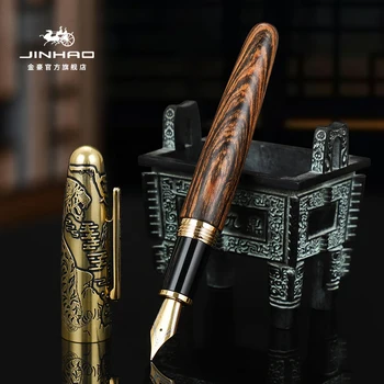 Авторучка с тиснением в виде тигра Jinhao, Тонкий наконечник, Подарочная ручка для письма из дерева и металла ручной работы JHP001