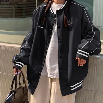 Бейсбольная женская куртка Deeptown Harajuku, черная Корейская уличная одежда, повседневное пальто-бомбер, Университетская куртка, Весенняя женская одежда