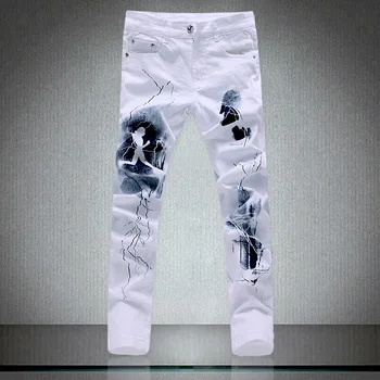 Белые модные мужские джинсы с уникальным освещением и мужским принтом, Хлопковые Джинсы Большого Размера 40 Для мужчин, Новинка 2018 года