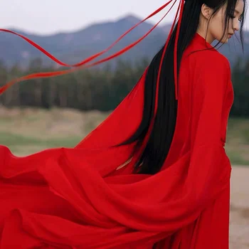 Большое красное женское зимнее платье hanfu в стиле шинуазри в стиле супер феи в древнем стиле с широкими рукавами, струящееся платье феи, улучшенное платье