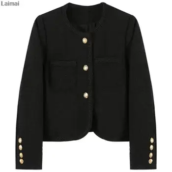 весенне-осенний период 2023 года и металлическая пряжка, короткое черное пальто из твида в стиле ретро, женская белая куртка, зимняя куртка для женщин
