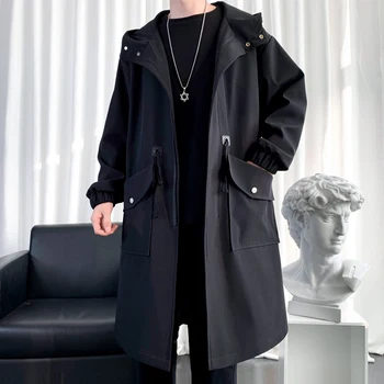 Весенне-осенняя мужская куртка Длинный тренч Большого размера, однотонная мужская мантия с большим карманом, модная толстовка с капюшоном, мужская одежда