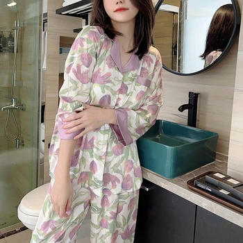 Весенне-осенняя пижама из искусственного шелка, женская пижама с длинными рукавами в виде тюльпана, весенне-летний комплект домашней одежды