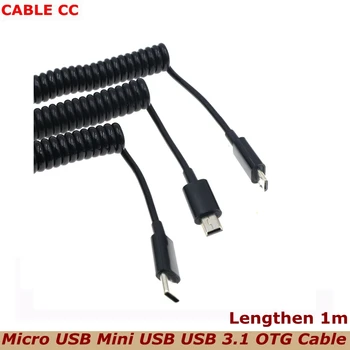 Выдвижной автомобильный пружинный кабель Type C к Micro Mini USB otg Подходит для Samsung Xiaomi Huawei, кабель для зарядки, светодиодный кабель для передачи данных