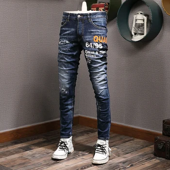 Высокие уличные модные мужские джинсы в стиле ретро, Синие, стрейчевые, приталенные, Винтажные рваные джинсы, Мужские дизайнерские брюки в стиле хип-хоп с принтом, Брендовые брюки Hombre