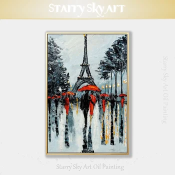 Высококачественная пейзажная прогулка художника ручной работы под Эйфелевой Башней, акриловая картина, Абстрактная башня, акриловая картина для настенного искусства