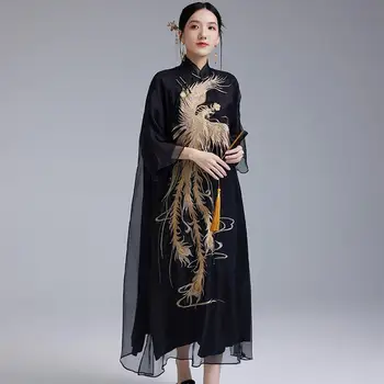 Высококачественные винтажные черные платья-чонсам с воротником-стойкой и вышивкой Феникса для женщин, Улучшенная чайная одежда в китайском стиле