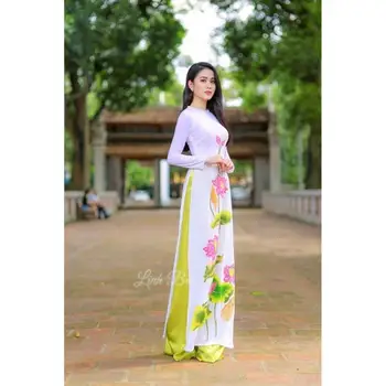 Вьетнамское платье Aodai в классическом стиле с длинным рукавом, Женское платье Aodai с цветочным принтом, Элегантное вечернее платье, Восточное платье, Комплект Qipao