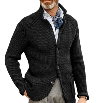Вязаный мужской Кардиган, высококачественный свитер с имитацией шеи на пуговицах для мужчин, зимний модный костюм, Кардиганы со стоячим воротником для похудения, мужские Кардиганы