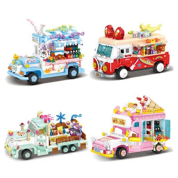Грузовик для мороженого, строительные блоки, модель фургона для еды, вид на улицу, магазин автомобилей для кемпинга, Мини-кирпичи, игрушки, подарки для девочек