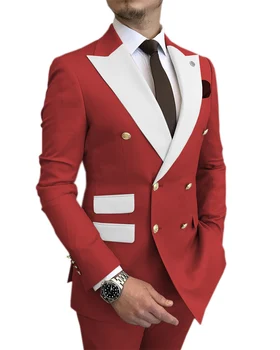 Двубортный белый блейзер с отворотом: Мужской приталенный деловой костюм, смокинг, наряд жениха (комплект из 2 предметов)