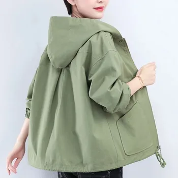 Демисезонное короткое пальто Женская куртка с капюшоном Корейская Ветровка с длинным рукавом и карманом Женская Свободная верхняя одежда 5XL G1275