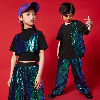 Детские джазовые танцевальные костюмы с блестками, детская одежда в стиле хип-хоп, Модные джазовые танцевальные костюмы для девочек и мальчиков, одежда для бальных танцев