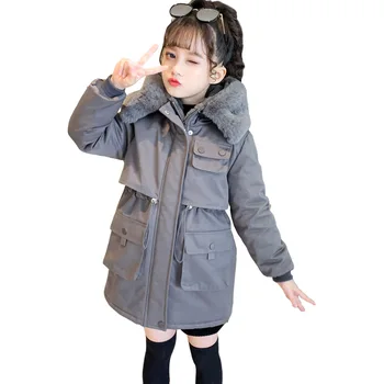 Детское хлопчатобумажное пальто для девочек, утепленная куртка с хлопковой подкладкой, Стеганая куртка для девочек, Серый бархат, Утолщение, Длинная детская куртка