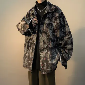 Джинсовая куртка Мужская Винтажная ковбойская верхняя одежда с градиентным принтом растений, пара пальто в стиле Харадзюку Оверсайз в стиле хип-хоп, осенняя уличная одежда