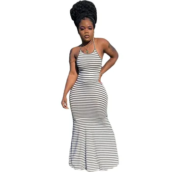 Длинное африканское платье женское на шнуровке, халат с открытой спиной, Vestidos 2023, летнее новое модное полосатое сексуальное повседневное африканское платье русалки