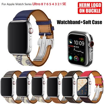Для Apple Watch Ultra Band 8 7 6 5 4 3 SE Браслет Apple Watch Ремешок из натуральной кожи + Чехол для iWatch 49 44 40 45 41 42 38 мм Ремень