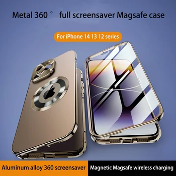 Для iPhone 12 13 14 Pro Max Чехол 360 ° полноэкранный Объектив Металлические Магнитные Чехлы Magsafe Из алюминиевого сплава HD Стеклянная защитная крышка