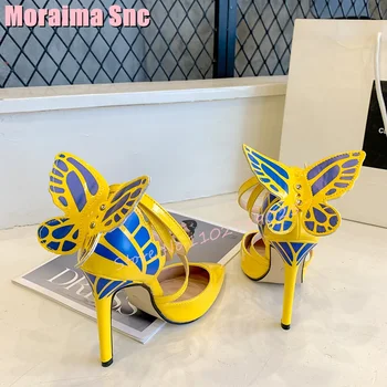 Желтая Бабочка Декор Сандалии с острым носком На высоком каблуке-шпильке с Перекрестным ремешком и пряжкой на лодыжке Разноцветные Модные женские туфли Летние